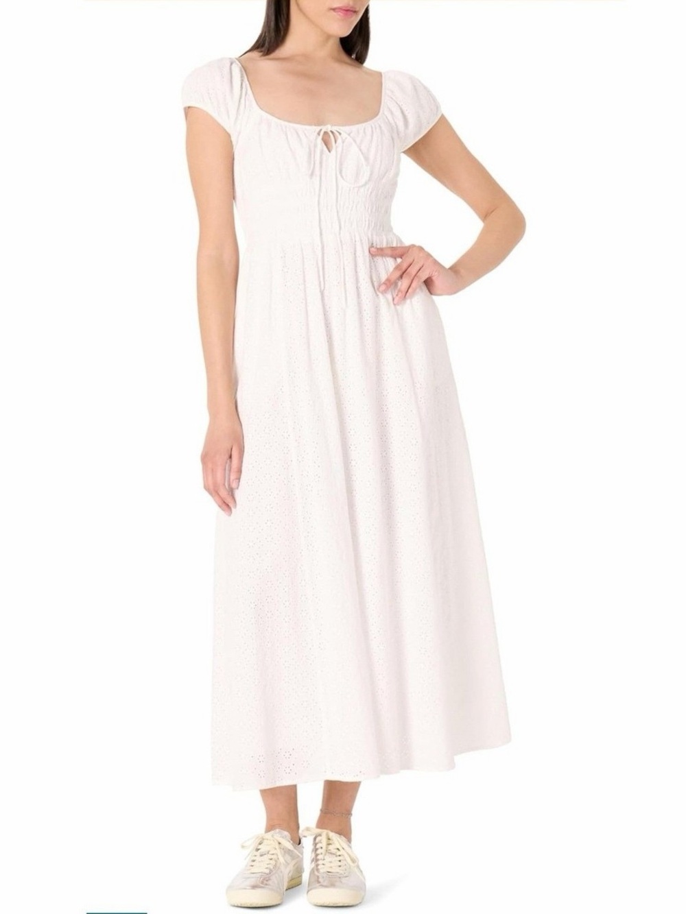 Smocked White Eyelet Maxi Dress with Tie Front